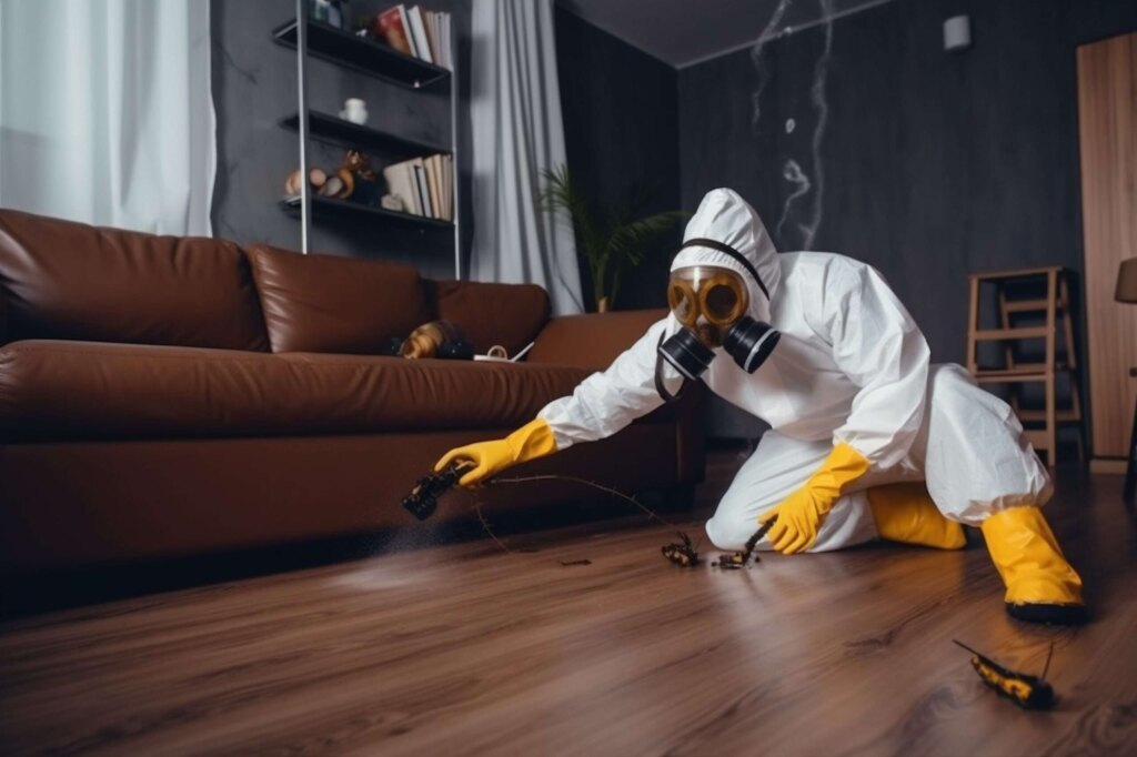 control pesticide uniform cockroach termite kill pest sofa exterminator insect. Generative AI.