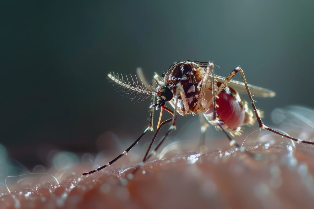 Close-up of a mosquito feeding on human skin against a blurred background.