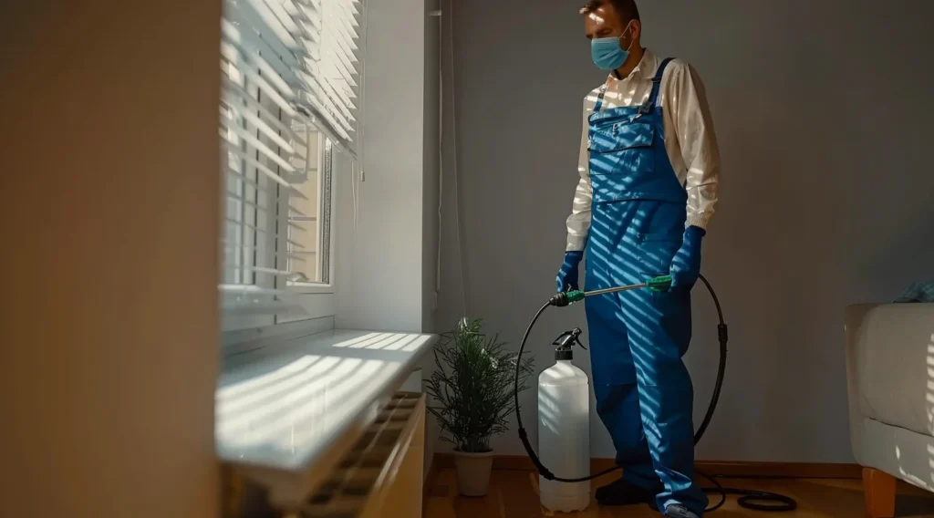 A technician wearing blue overalls sprays a home with bug repellent to remove pests.