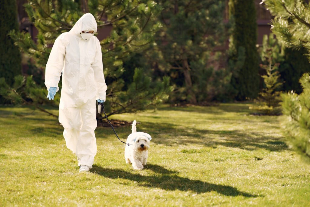 A pest control technician sprays a pesticide in a commercial building to control pests.