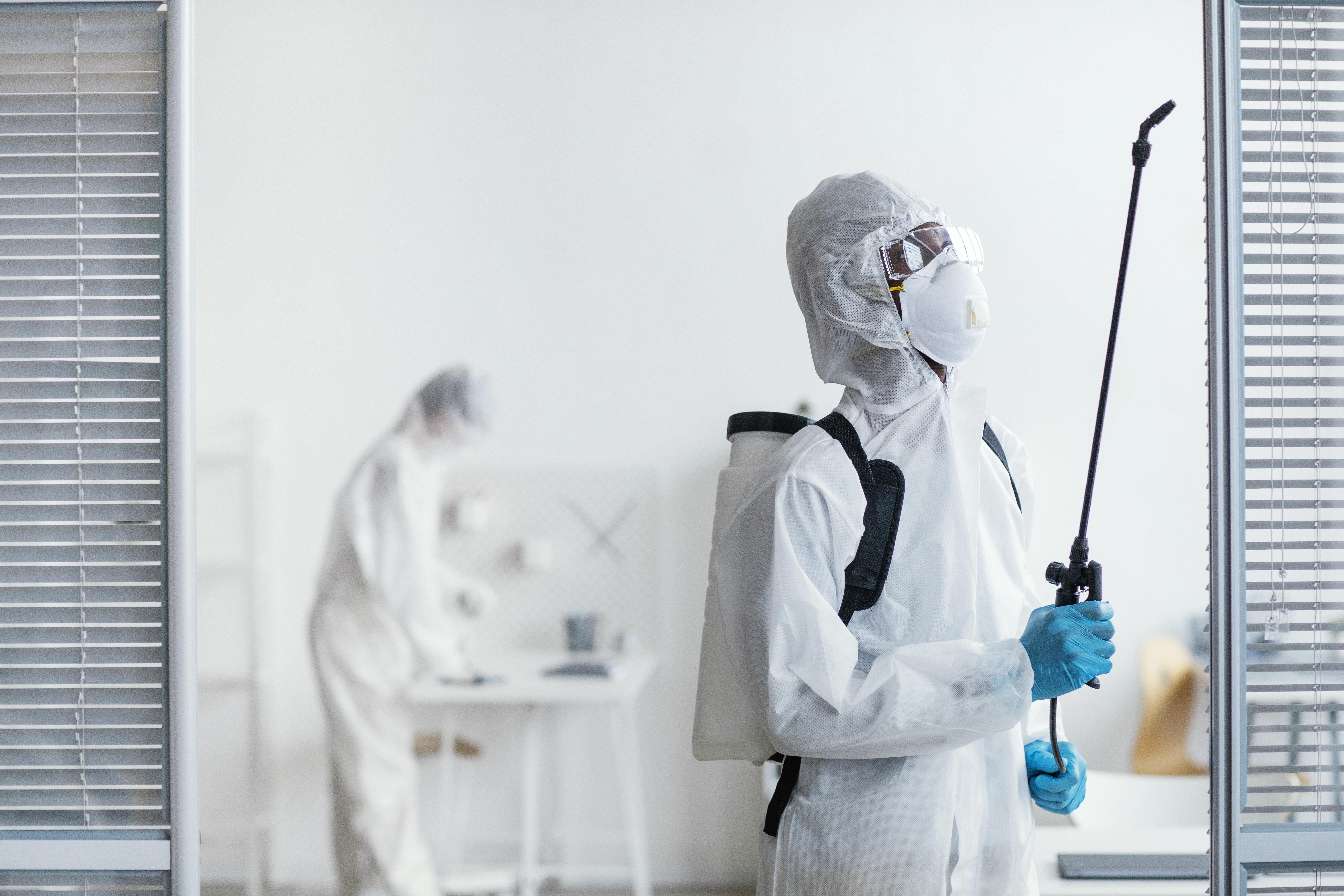 Pest control professionals in protective suits handling pest eradication tasks.