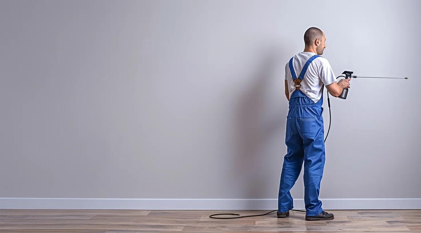 Man in blue overalls spraying pesticide on a wall in Banora Point NSW.