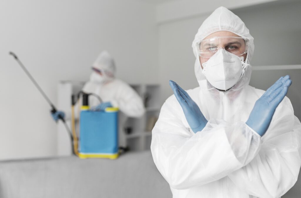 Pest control experts at work wearing protective suits with equipment in Banora Point.
