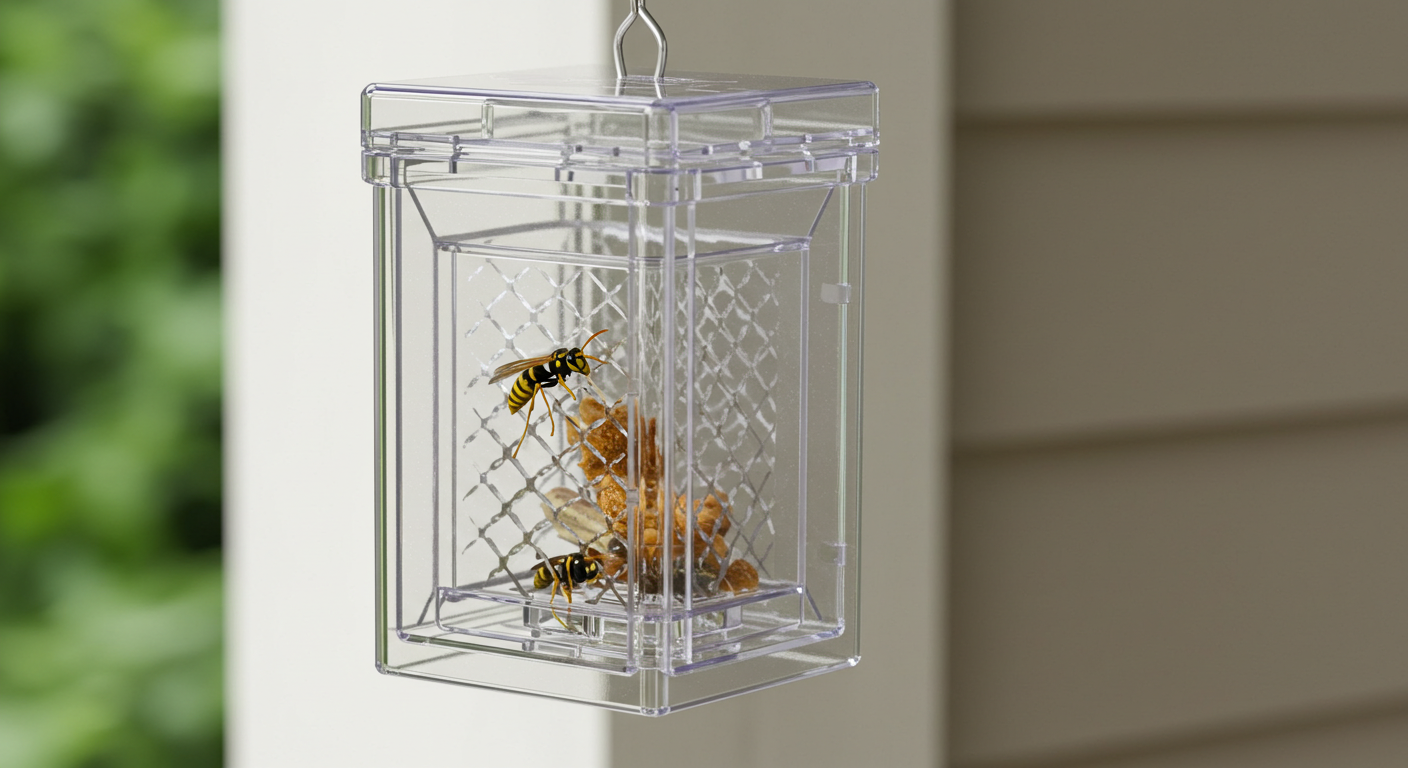 Wasp trap hanging outdoors near a building wall in Banora Point NSW.