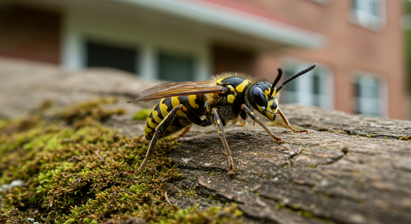 Close-up of a wasp on mossy wood near a house in Banora Point.