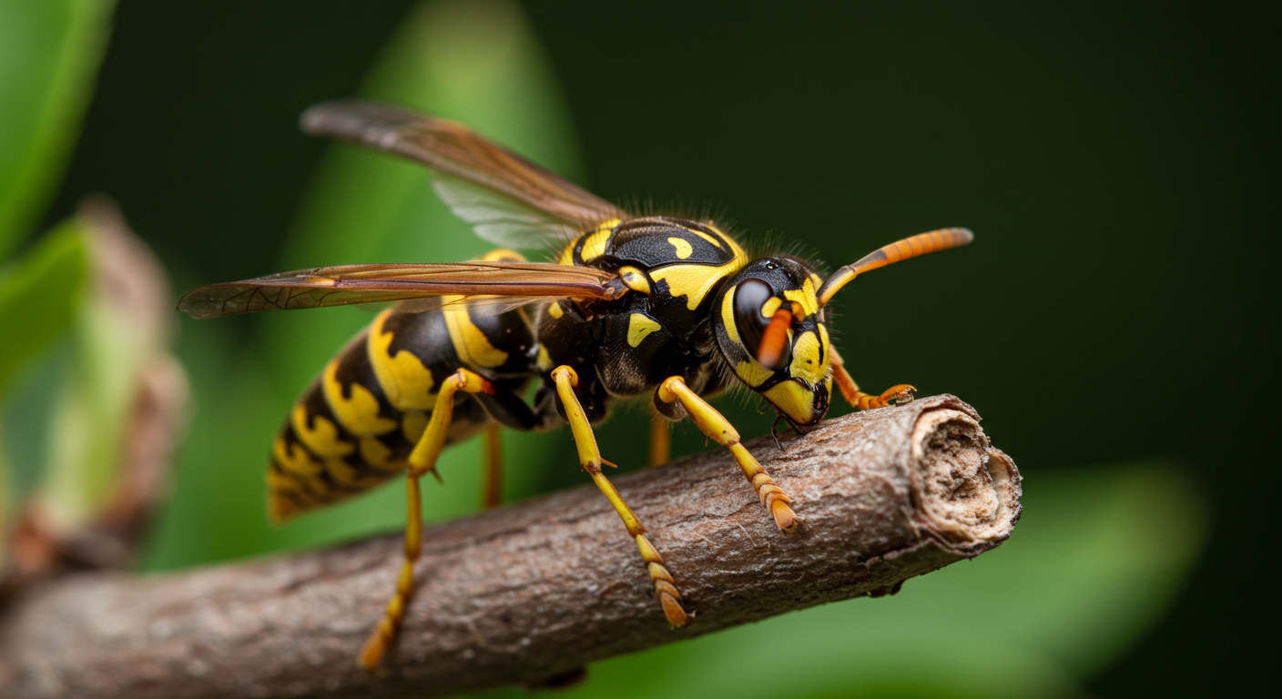 A close-up of a vibrant wasp on a branch against a blurred green background.
