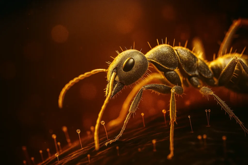 Close-up of an ant walking on a surface with a warm, detailed background.