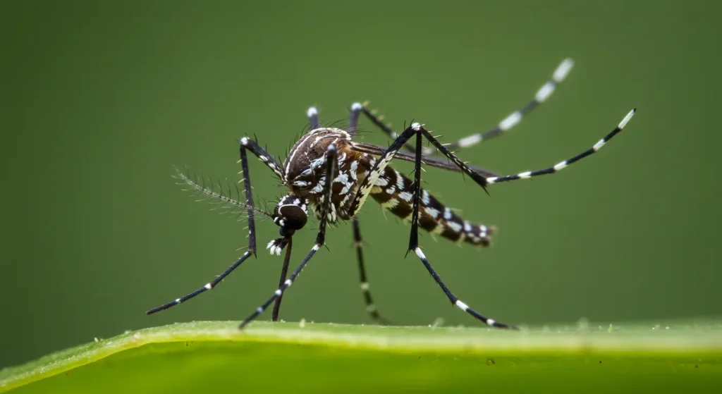 Close-up of a mosquito on a green leaf against a blurred natural background.
