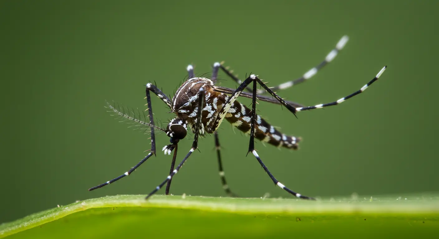 Close-up of a mosquito on a green leaf against a blurred natural background.