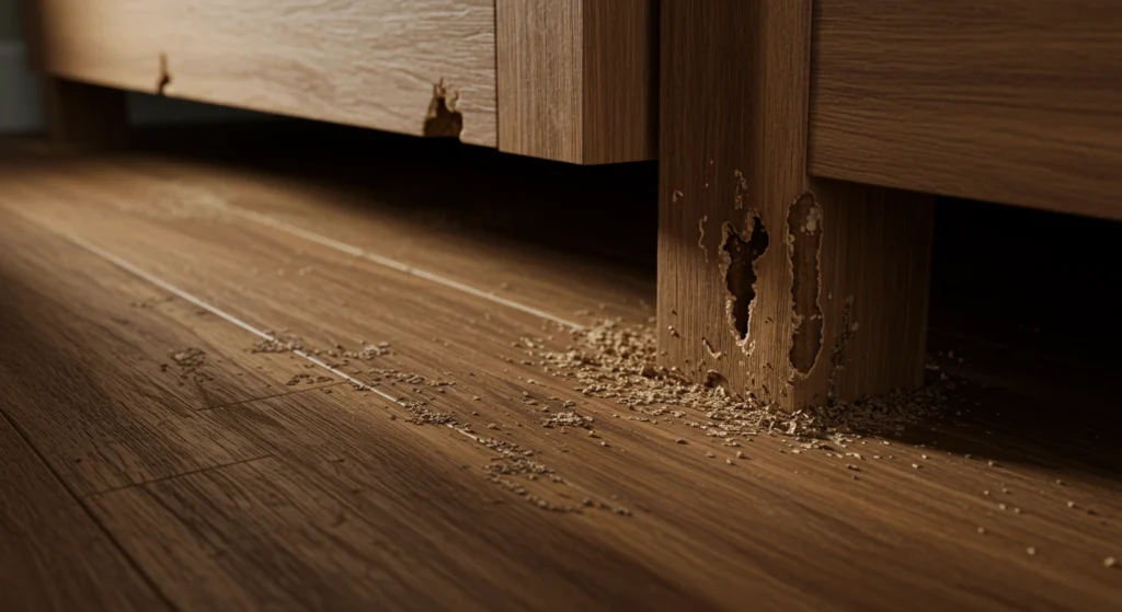 Close-up of wooden furniture leg with termite damage and wood dust on floor.