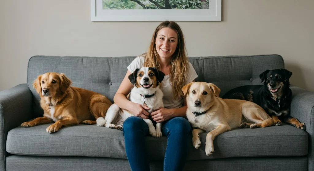 Woman sitting on a sofa with four different dogs, smiling in a pet-safe home.