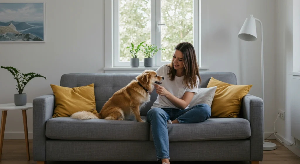 Woman playing with her dog on a grey couch in a bright, cozy living room.
