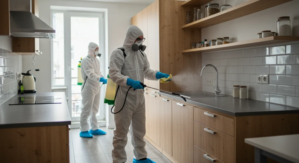Two pest control workers in protective suits spraying disinfectant in a kitchen.