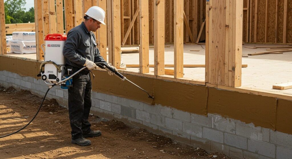 Worker spraying termite barrier on a foundation at a construction site.