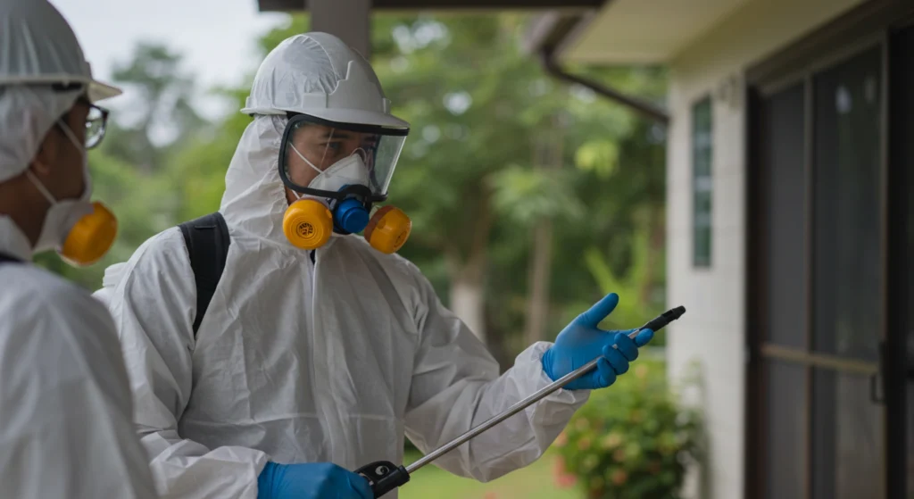 Two pest control workers in protective suits spraying outdoors near a home.
