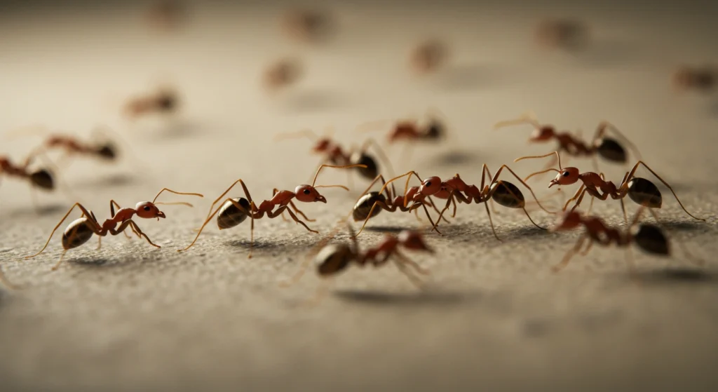 Close-up of red ants indoors during rainy weather.