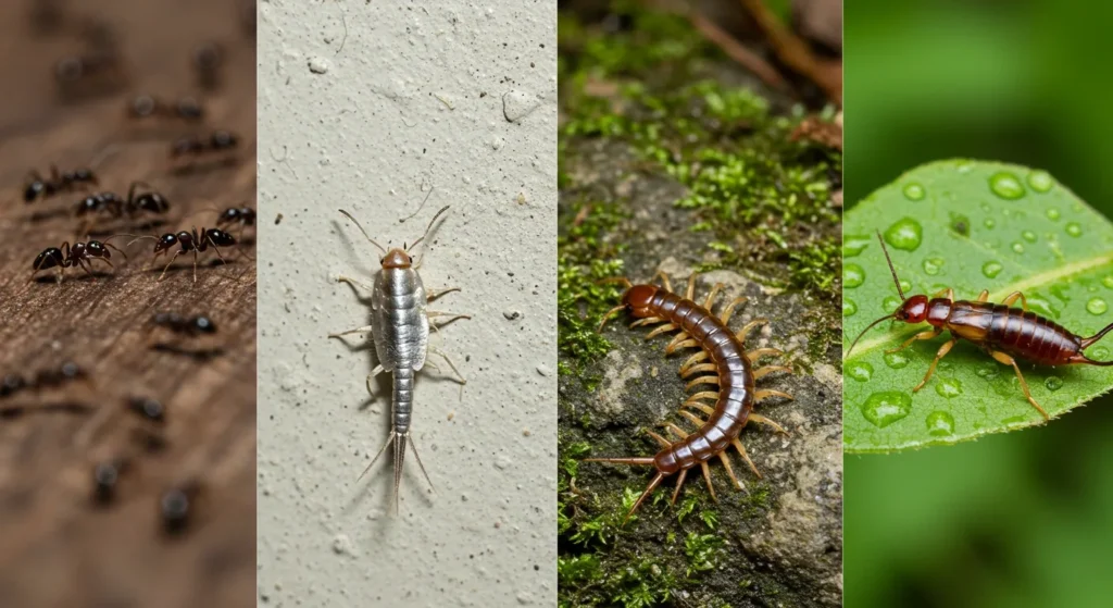 Ants, silverfish, centipede, and earwig – common pests drawn to moist environments.
