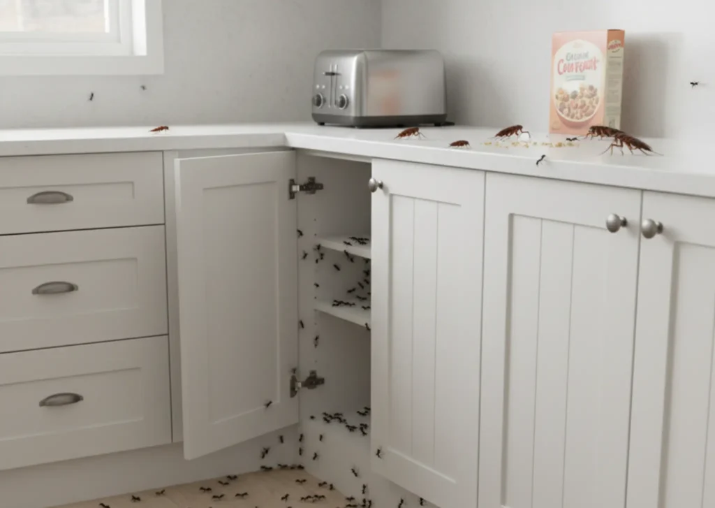 DIY vs professional pest control comparison showing common household pests like cockroaches and ants in a kitchen