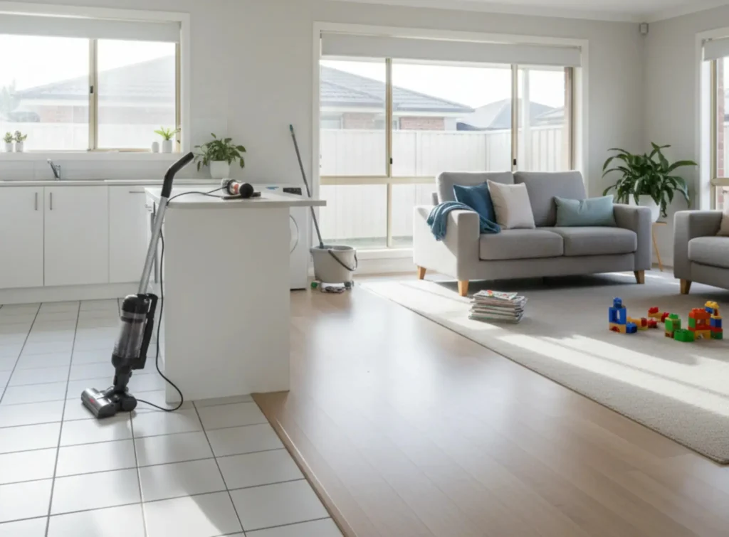 Vacuum cleaner on a home floor illustrating when it is safe to vacuum after pest control treatment