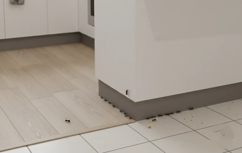 DIY vs professional pest control comparison showing common household pests like cockroaches and ants in a kitchen