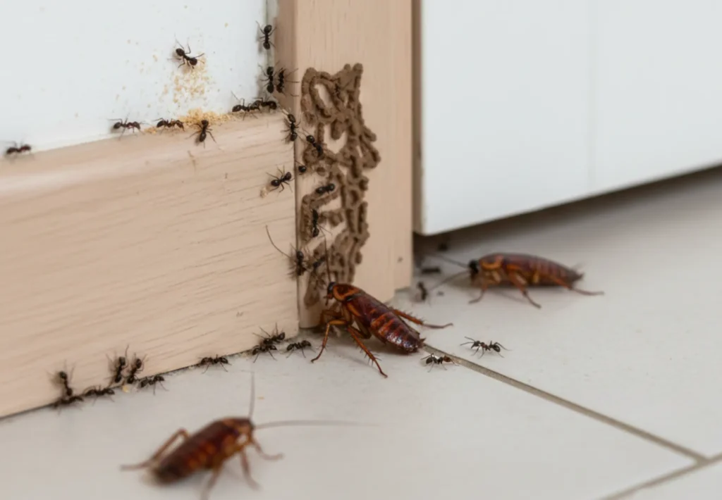 Professional pest control treatment targeting cockroaches, ants and termites in a residential home