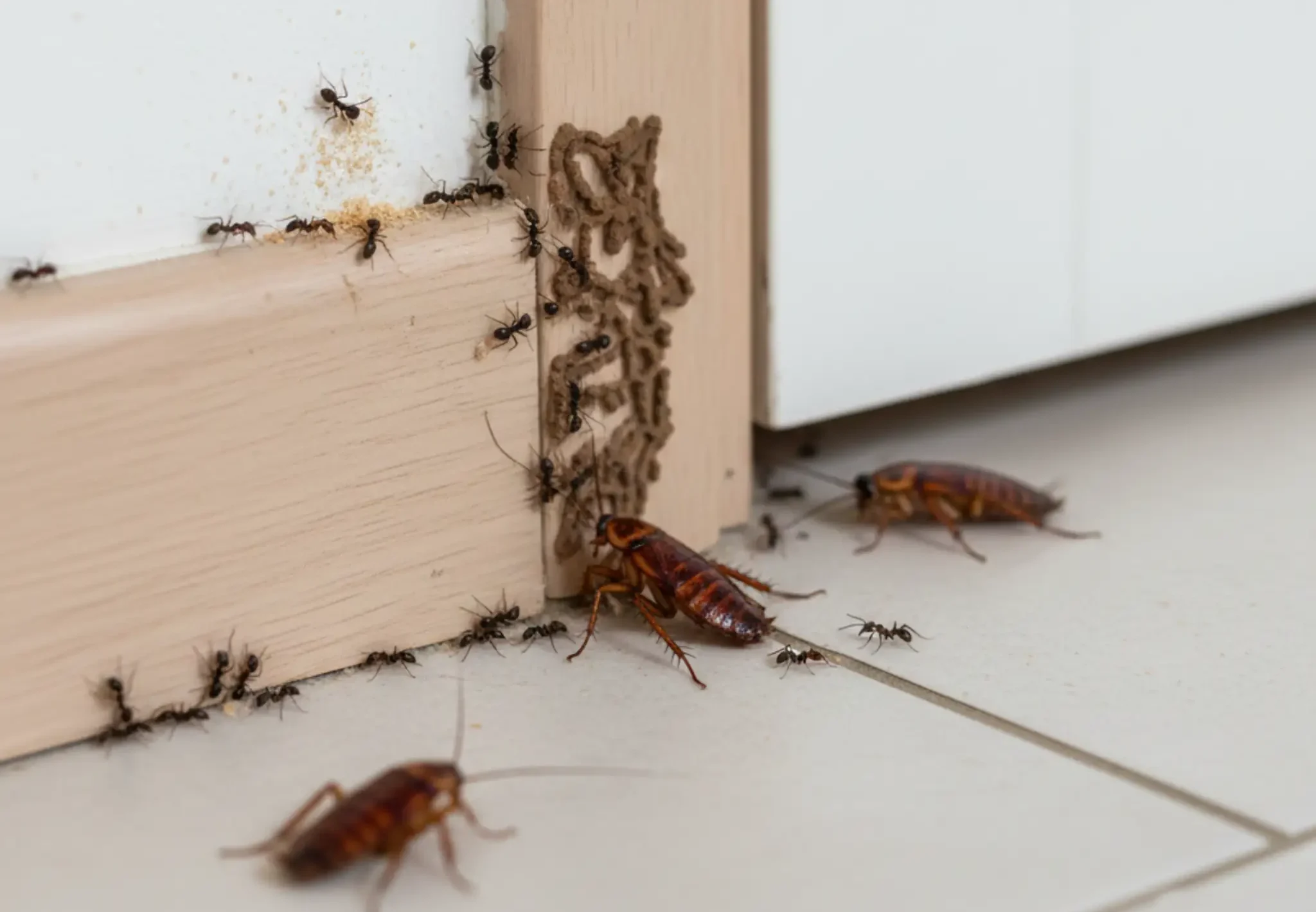 Professional pest control treatment targeting cockroaches, ants and termites in a residential home