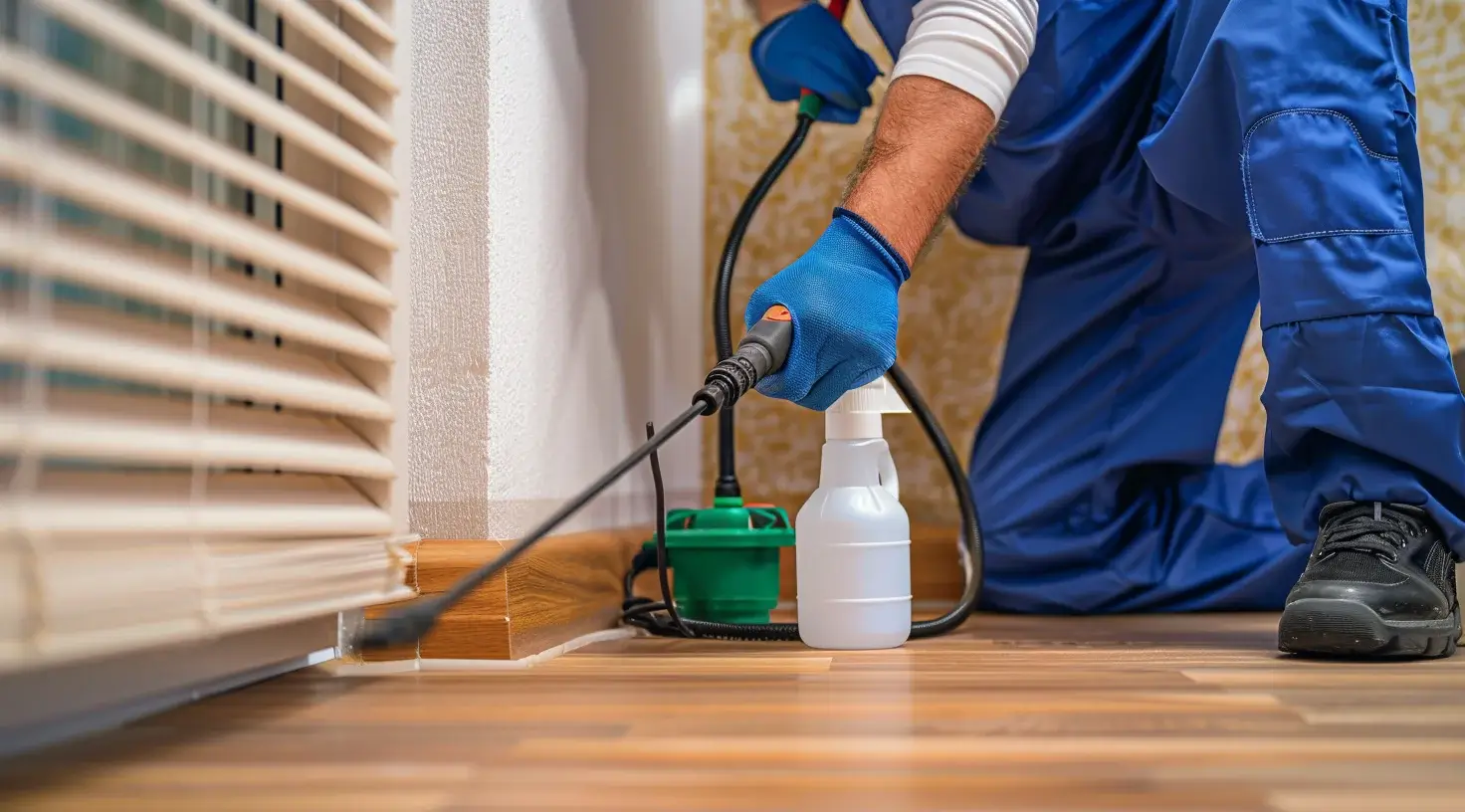 Pest control technician treating skirting boards with furniture pulled aside