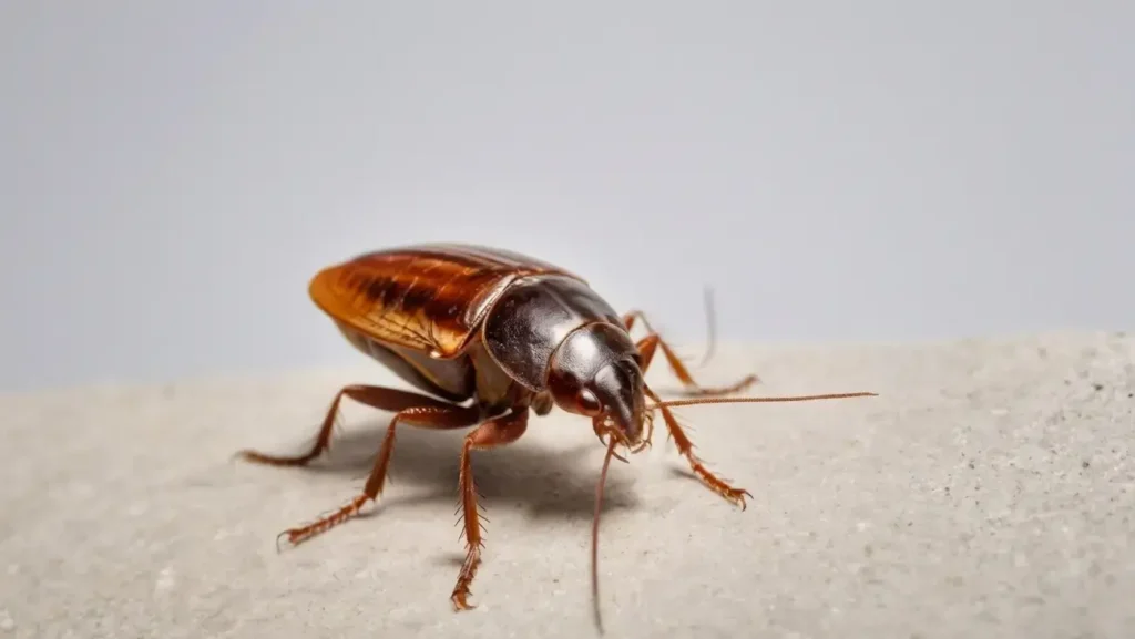 lose-up of a German cockroach on a kitchen countertop, a common sight during an infestation.