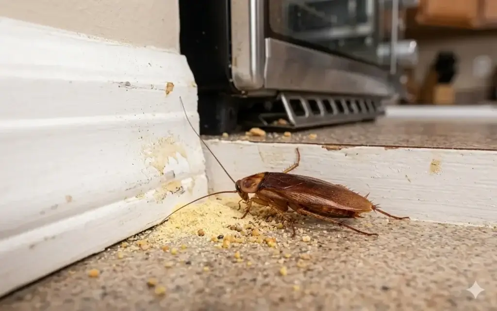 Cockroach traps strategically placed around a kitchen to monitor and reduce German cockroach populations.