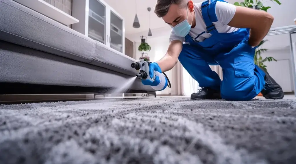 Pest control technician applying carpet treatment for earthworm infestation in Banora Point.