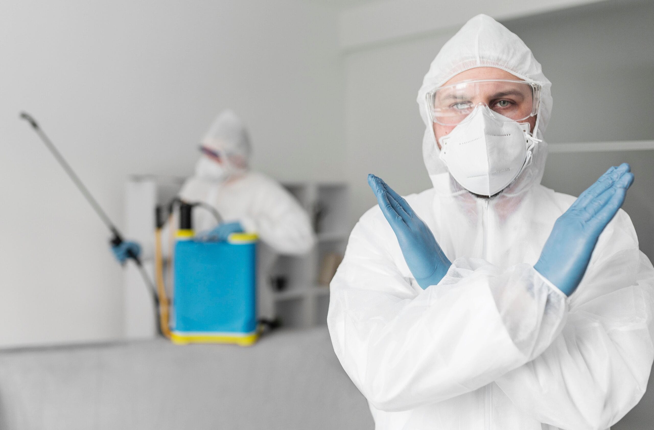 Pest control professionals in protective suits ready to eliminate pests in Banora Point.