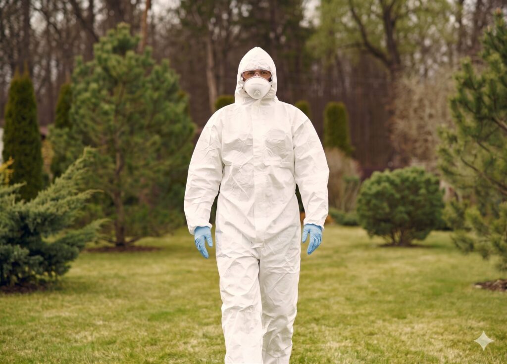 Professional in protective gear demonstrating biological pest control techniques.