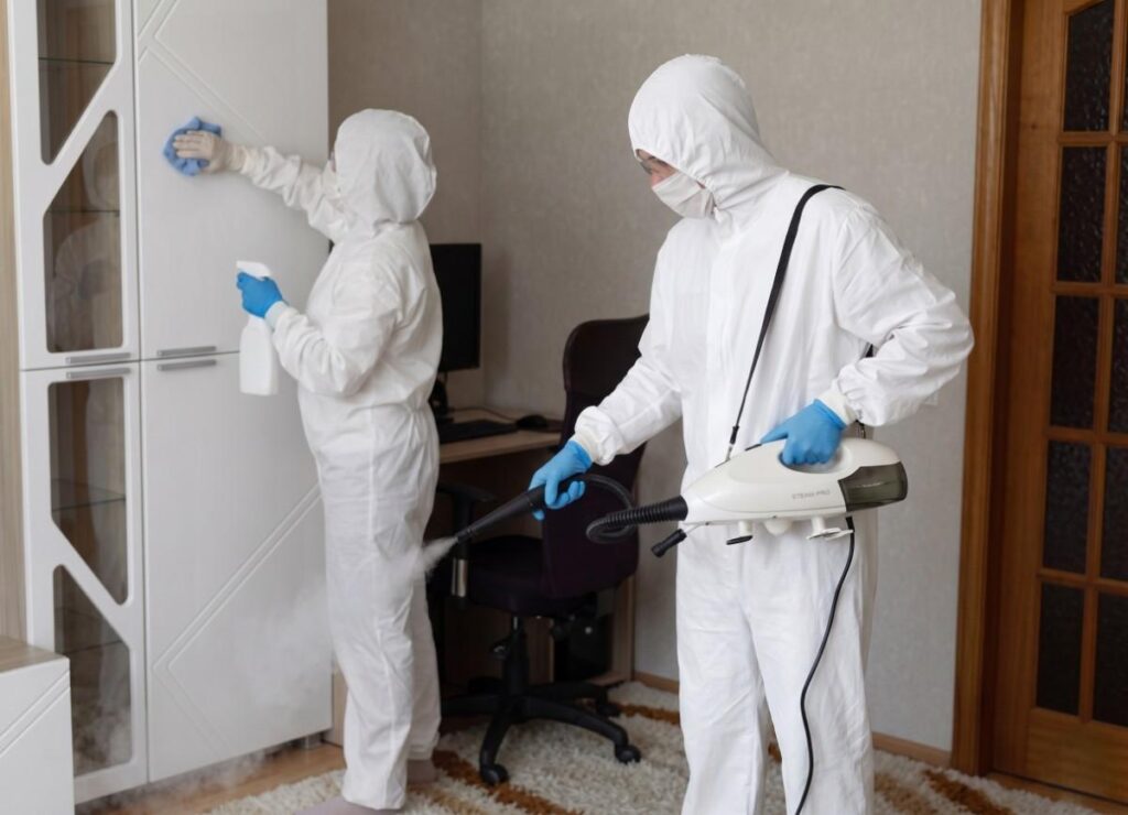 Pest control technician applying residual spray to eliminate cockroach infestation