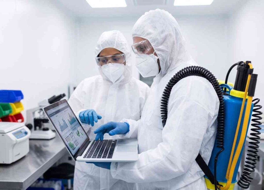 Technicians analyze data for effective electronic pest control devices.