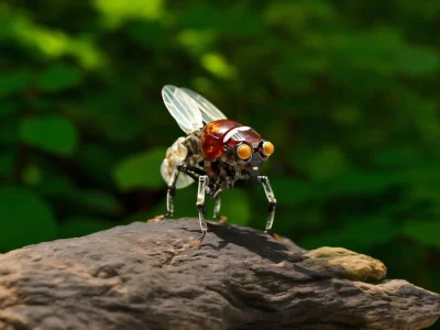 2150916068 Mechanical insect resembling a fly on a rock with a green blurred background.