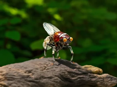 2150916068 Mechanical insect resembling a fly on a rock with a green blurred background.