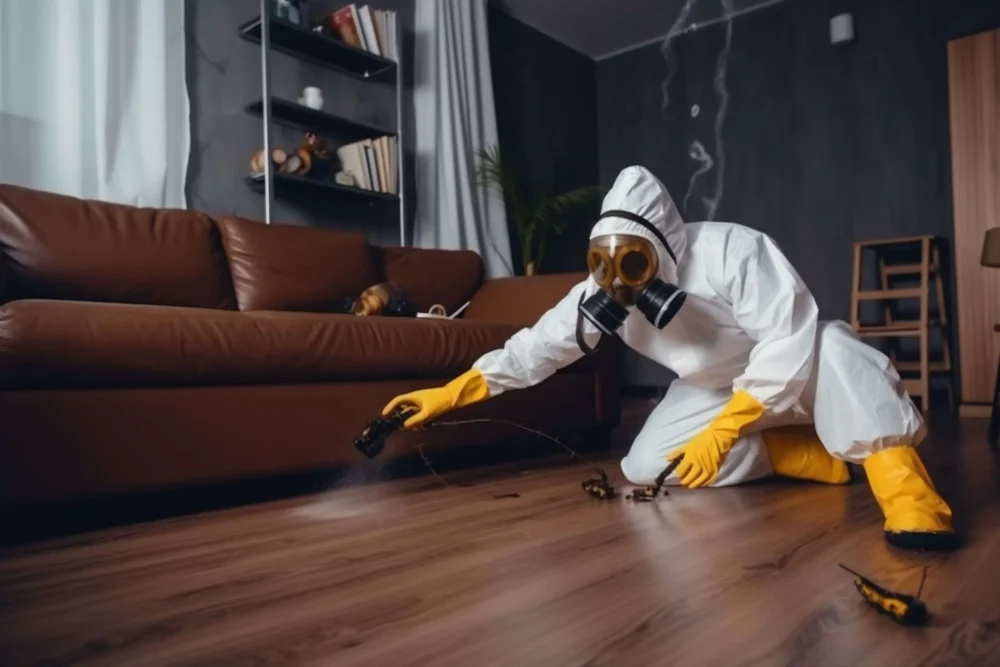 Technician performing residential pest control in a home.