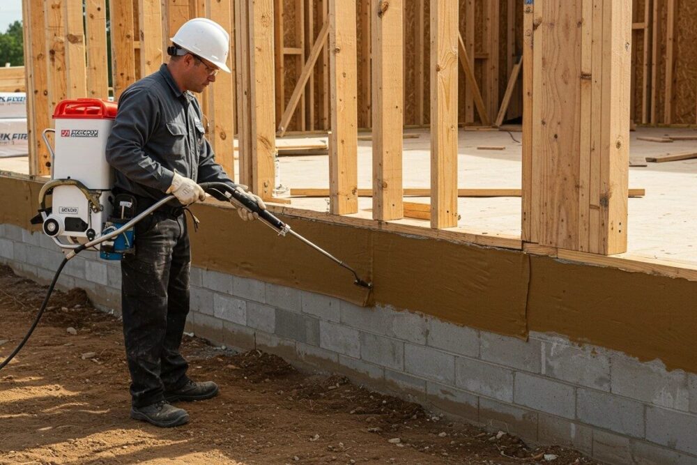 Worker spraying termite barrier on a foundation at a construction site. Worker spraying termite barrier on a foundation at a construction site.