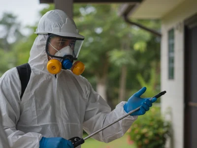 Two pest control workers in protective suits spraying outdoors near a home.