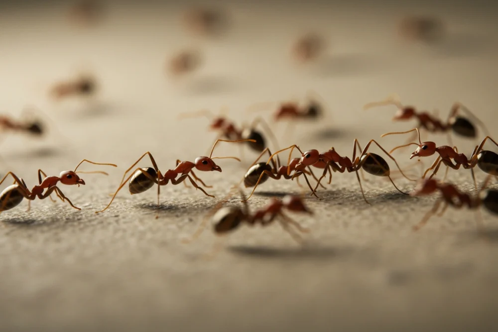 Red Ant Infestation Close-up of red ants indoors during rainy weather.