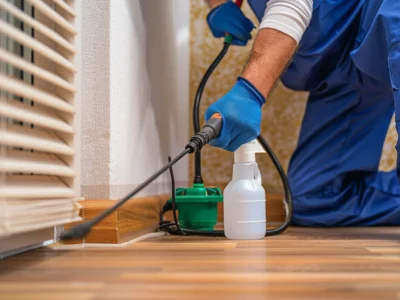 exactfunnel_A_man_in_blue_overalls_sprays_bug_repellent_on_the__72521521-a0c3-4197-90f9-fc231529f653 (2) Commercial property in Terranora undergoing ant pest control treatment by professionals.