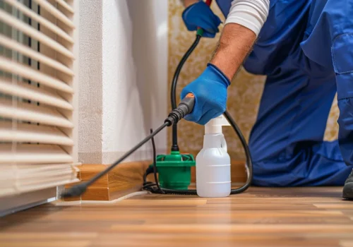 exactfunnel_A_man_in_blue_overalls_sprays_bug_repellent_on_the__72521521-a0c3-4197-90f9-fc231529f653 (2) Commercial property in Terranora undergoing ant pest control treatment by professionals.