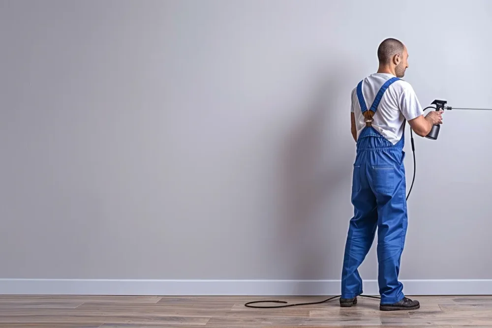 exactfunnel_An_urban_professional_in_blue_overalls_spraying_den_e15ed14e-78d7-49eb-97c3-2dbcb96a2a8f (2) Man in blue overalls spraying pesticide on a wall in Banora Point NSW.