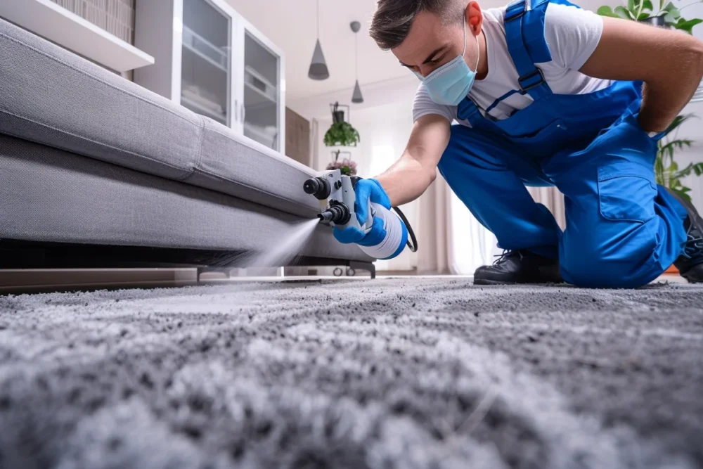 exactfunnel_Carpet_earthworm_spray_treatment_in_home_cleaner_we_16c371db-4aba-4170-9538-0fa18a2d5ab5 (1) Pest Management Plans in Pottsville: A technician applying pest control treatment under furniture.