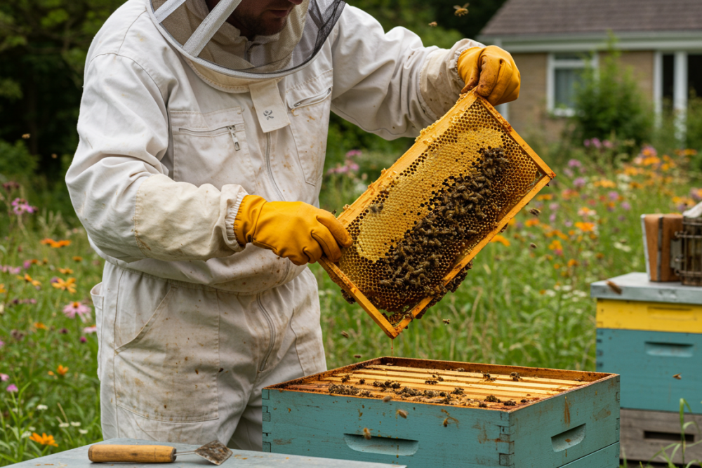 image_fx (1) Beekeeper inspecting a honeycomb frame in a vibrant flower-filled garden.