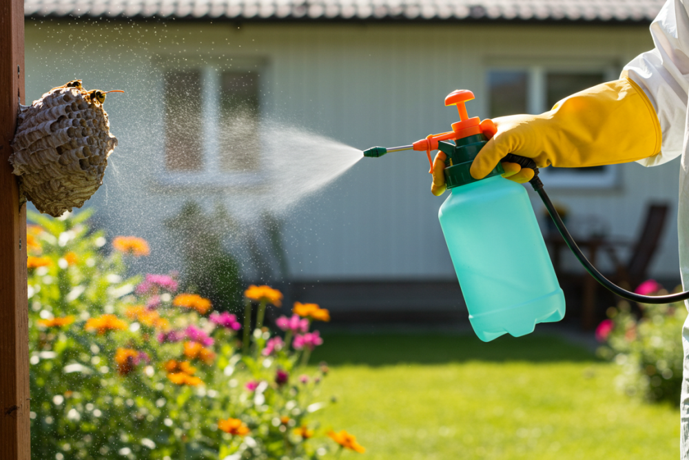 image_fx (2) Pest control professional spraying a wasp nest beside a garden in Banora Point.