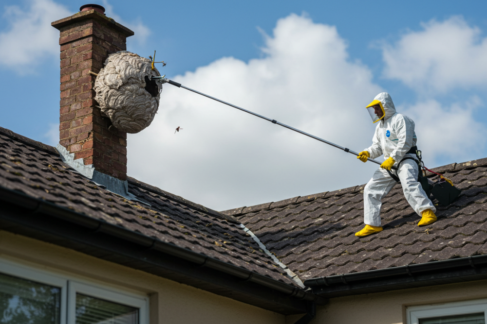 image_fx Pest control professional removing a wasp nest on a roof in a protective suit.